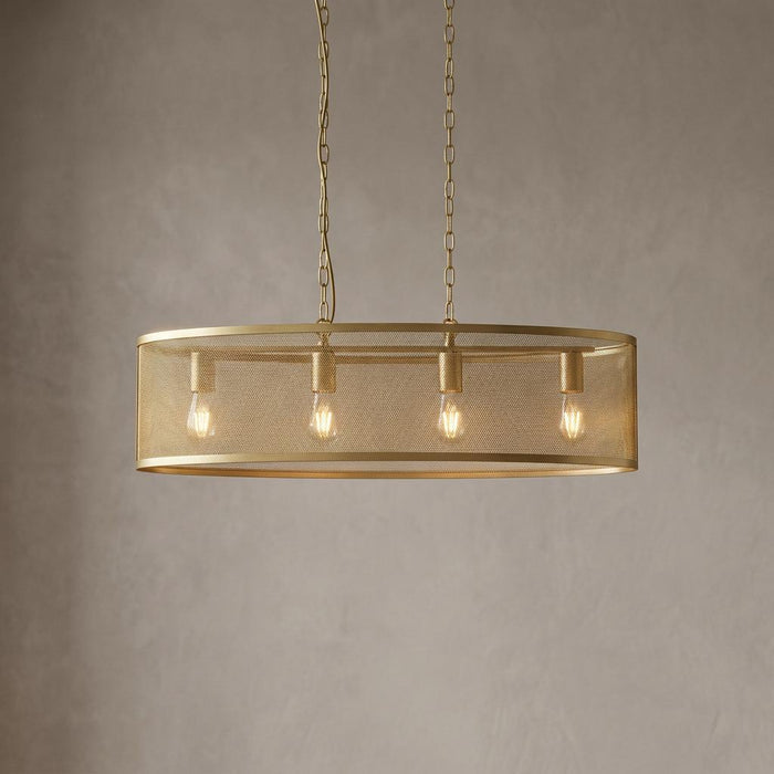 Four-light gold fishnet oval pendant with a mesh shade, suspended by chains against a neutral wall.