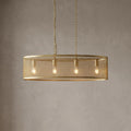 Four-light gold fishnet oval pendant with a mesh shade, suspended by chains against a neutral wall.
