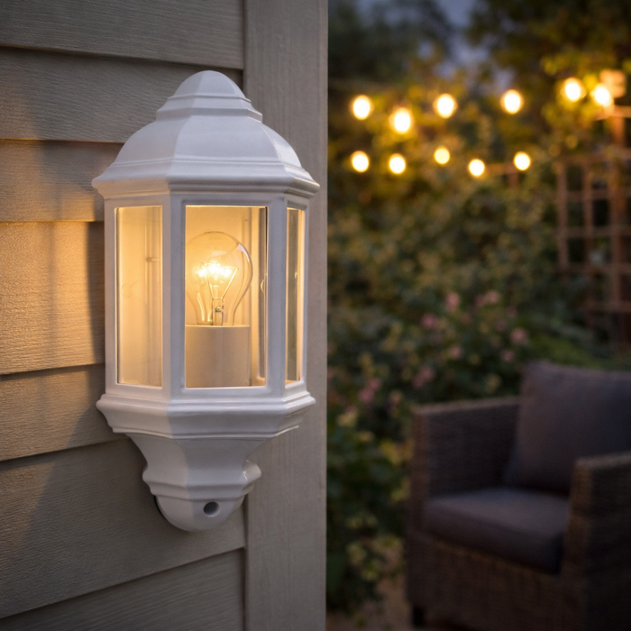 White outdoor wall lantern on a house exterior with blurred garden and chair in the background
