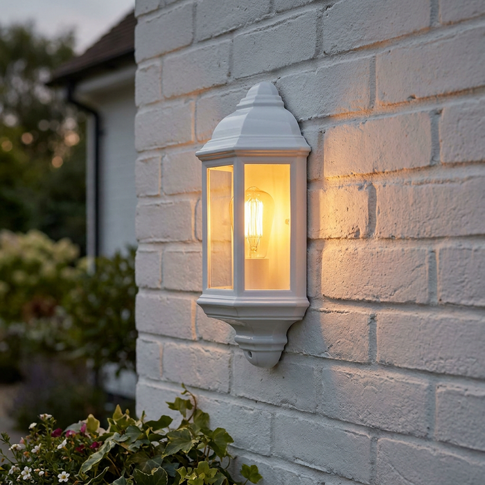 White Maine outdoor wall lantern with a warm glowing bulb, flush-mounted on a white brick exterior wall.