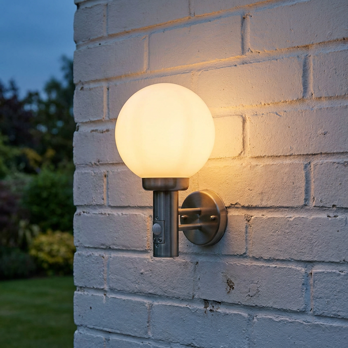 Illuminated opal globe wall light with stainless steel finish mounted on a white brick wall at dusk.