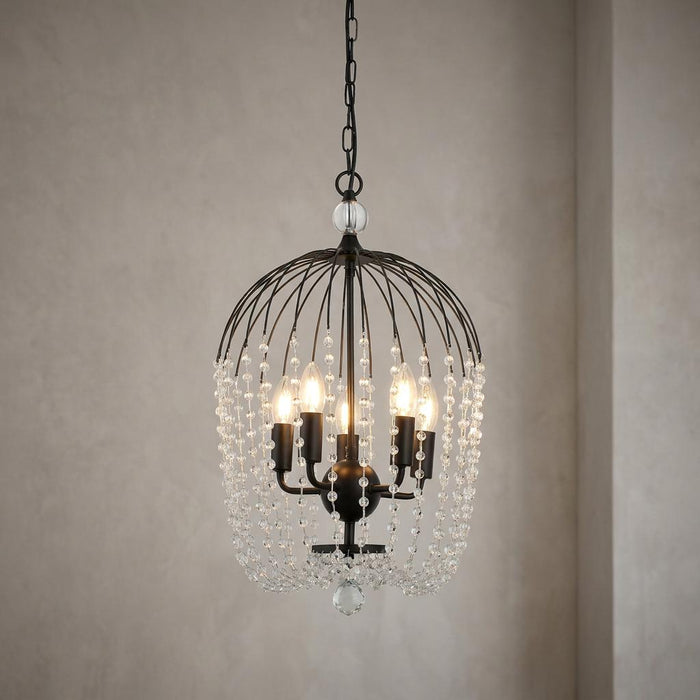 A black birdcage-style 5-light ceiling pendant with cascading strings of clear crystal beads.
