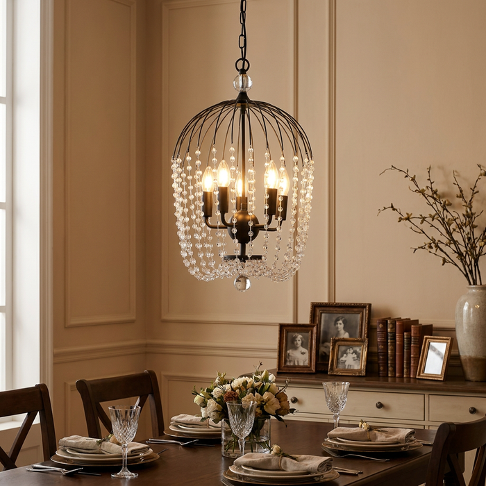 Searchlight Shower 5-light black and crystal ceiling pendant hanging in an elegant, traditional dining room.