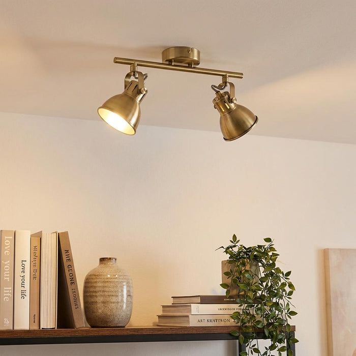Antique brass two-light bar spotlight on a white ceiling illuminating a bookshelf.
