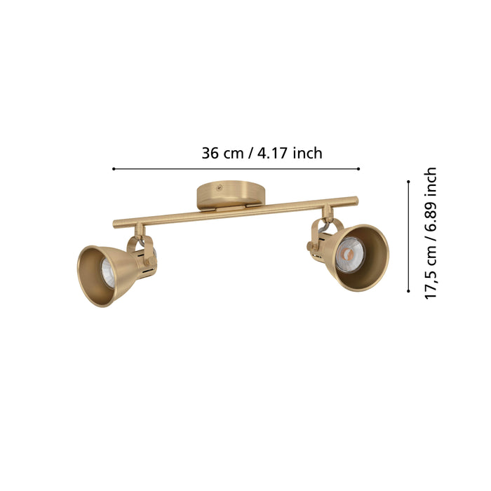 eglo seras brass 2 light bar spotlight living room close up