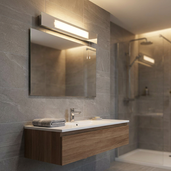 A chrome shaver light with a pull cord glows above a bathroom mirror, set against grey tiles and a wooden vanity.