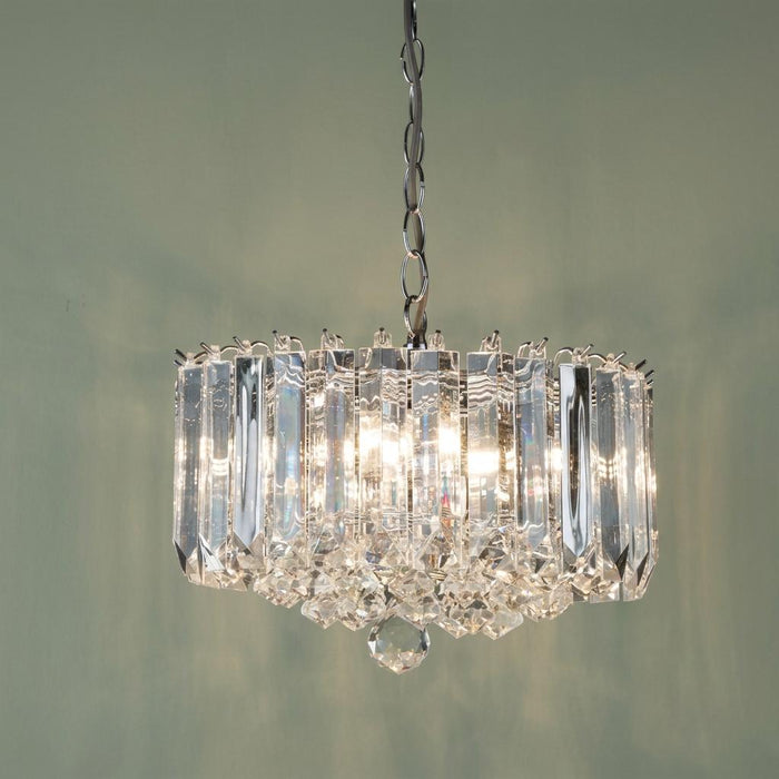 Sigma 4 light chrome and acrylic pendant ceiling light with clear rectangular prisms and a crystal drop.