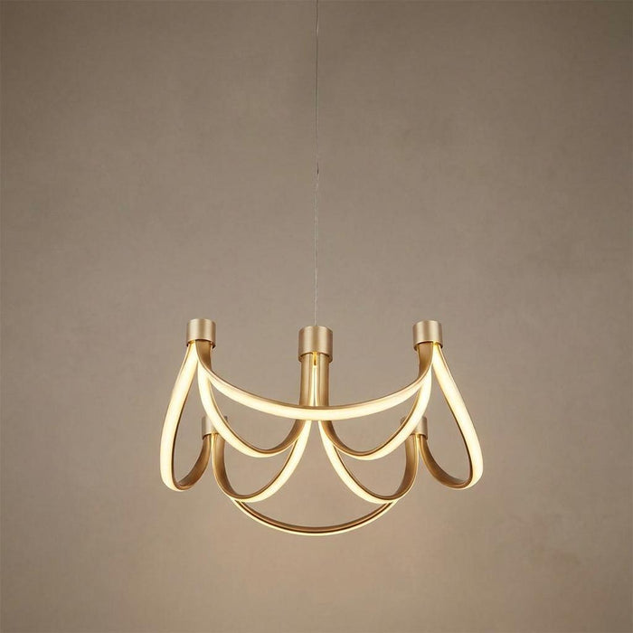 Modern gold ceiling light featuring eight draped LED arms forming elegant loops against a minimalist background.