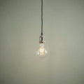 Single lit Edison bulb hanging from a chrome fixture and black cable against a pale sage green wall.