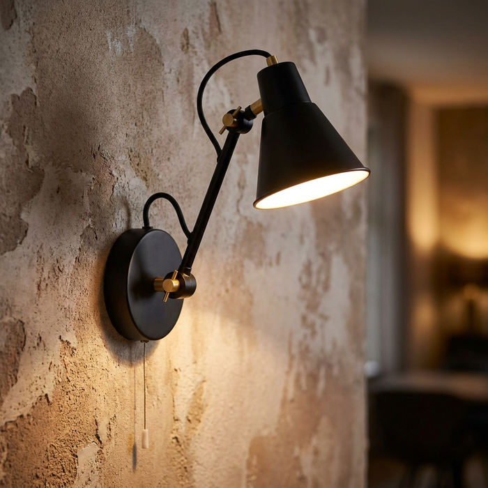 Matte black and gold adjustable swing arm wall light illuminated against a distressed textured wall.