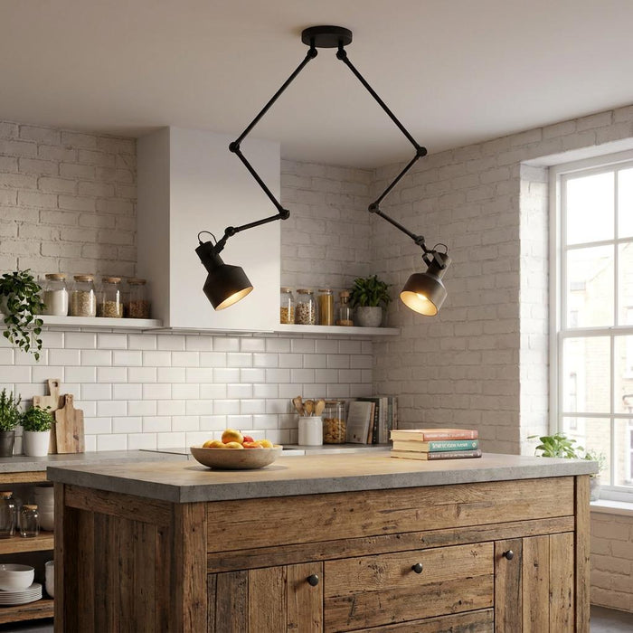Black adjustable two-light spotlight fixture illuminating a rustic kitchen island against a white brick wall.