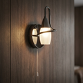 Modern black wall light with a frosted glass shade and pull cord, glowing on a dark wood-paneled wall.