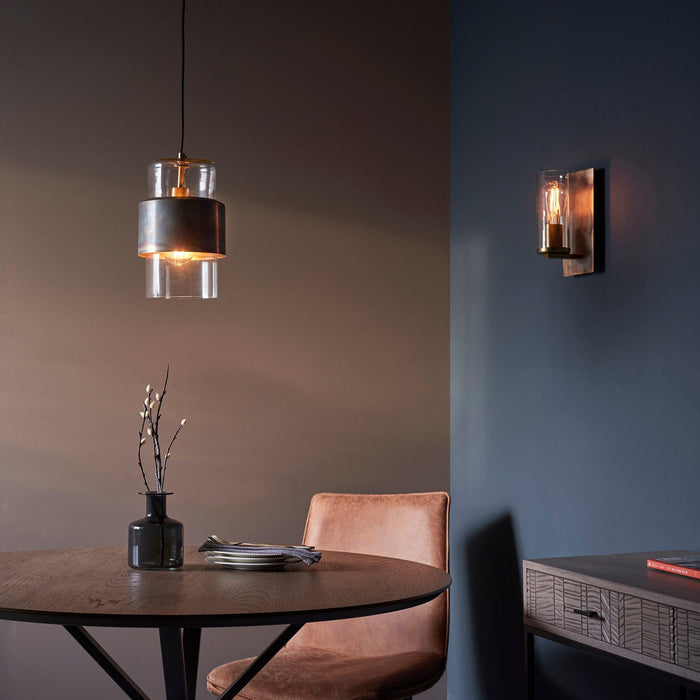 Vauxhall Modern Brass Patina Wall Light - Glass Shade  Living Room Close Up