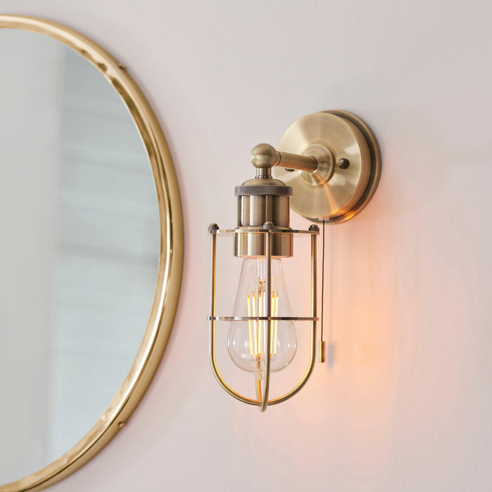 Weston Antique Brass Caged Bathroom Wall Light - Pull Cord Living Room Image