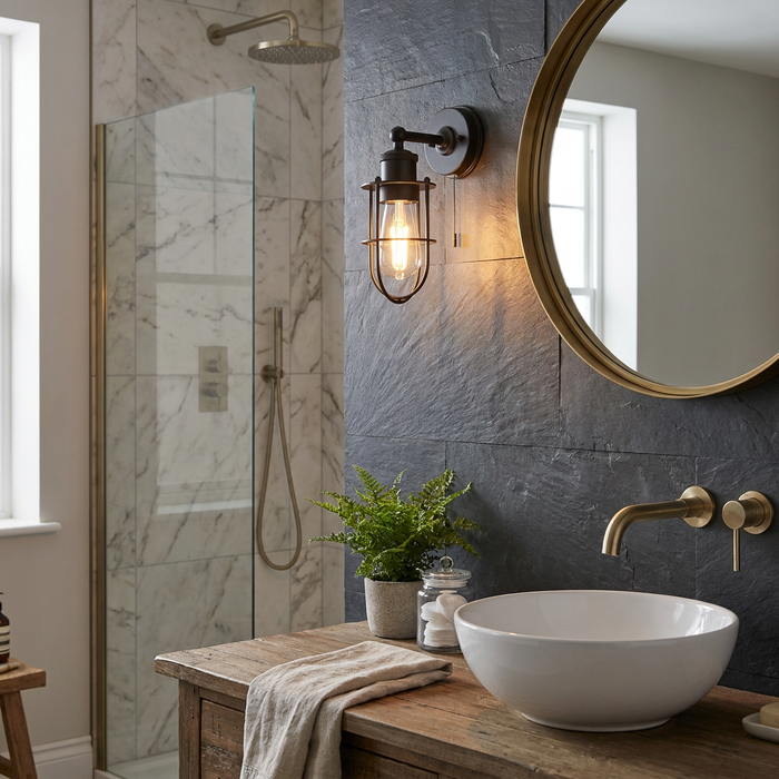 Black caged wall light with pull cord on a dark slate bathroom wall above a wooden vanity and white vessel sink.