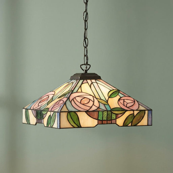 Willow Medium Tiffany ceiling light with a pink rose floral stained glass shade hanging from a dark chain.