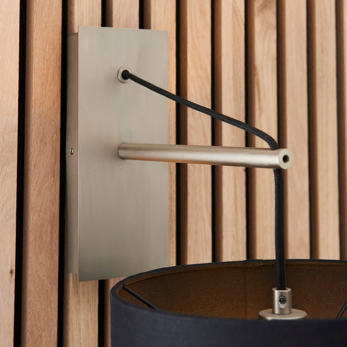wimbledon matt nickel wall light with black shade Close Up Lit Image