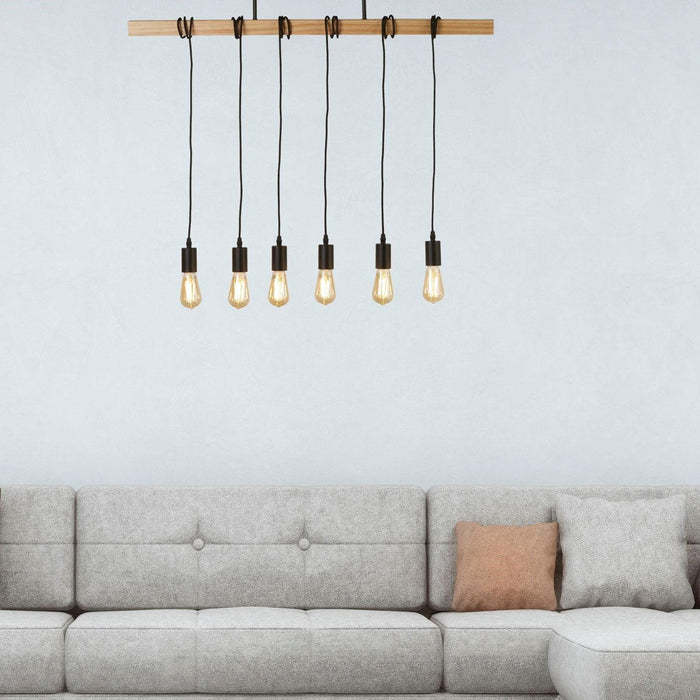 Woody 6 Light Black & Ash Wood Ceiling Pendant Searchlight-Ceiling Pendant Lights-5-Tiffany Lighting Direct